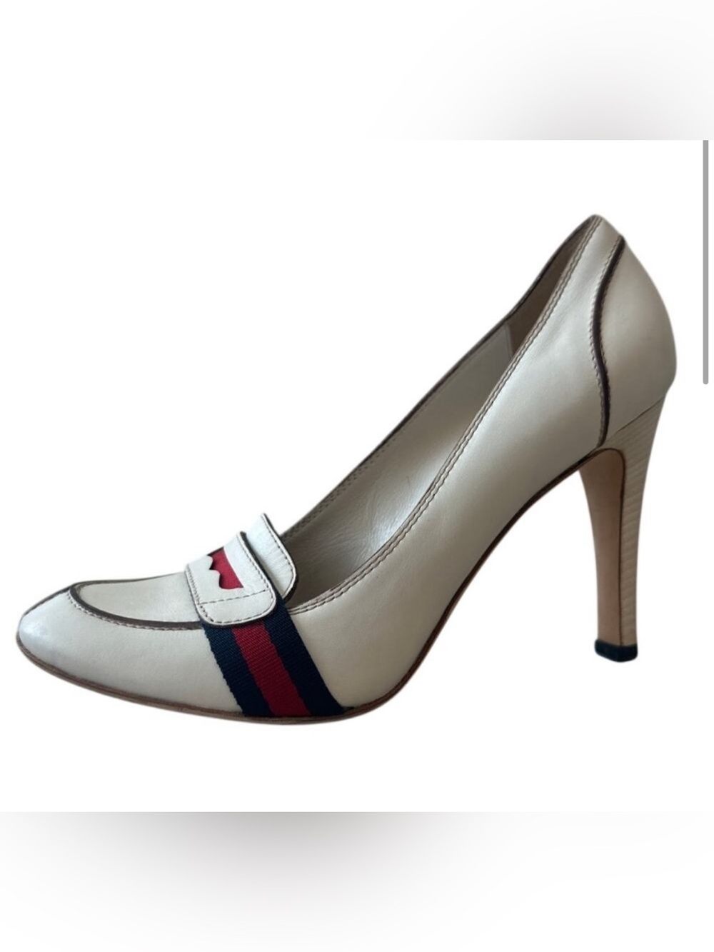 Gucci Lifford Web Loafer Pumps White Leather Red Navy Heel 8.5 B